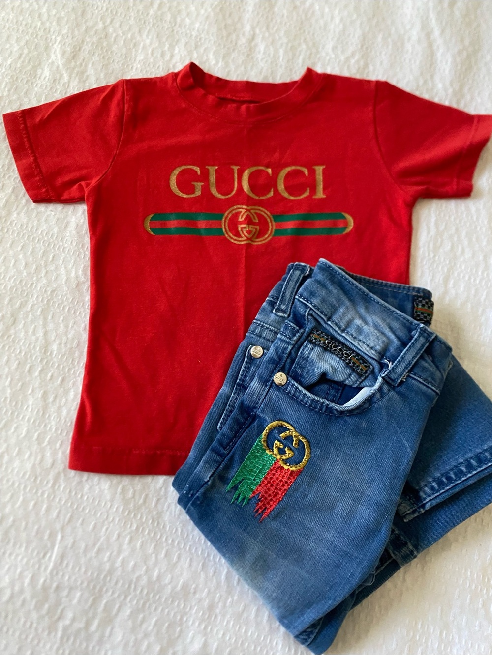 Gucci Kids Red Tee with Gold Logo and Green-Red Stripe